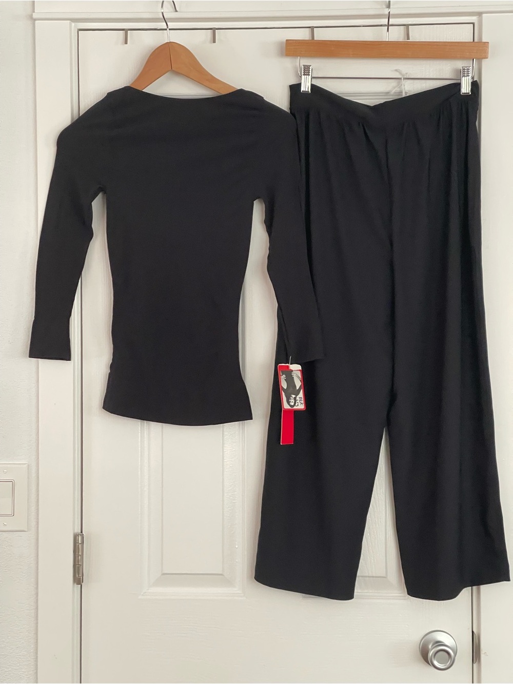 SPANX Black Long-Sleeve Fitted Top and Wide Leg Pants Set